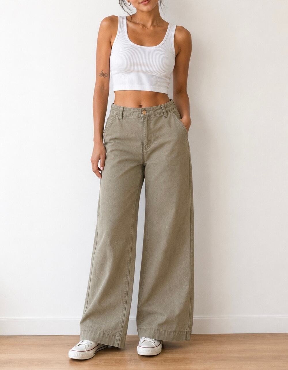 JustFab Olive Green High-Rise Wide Leg Cropped Twill Pants XL